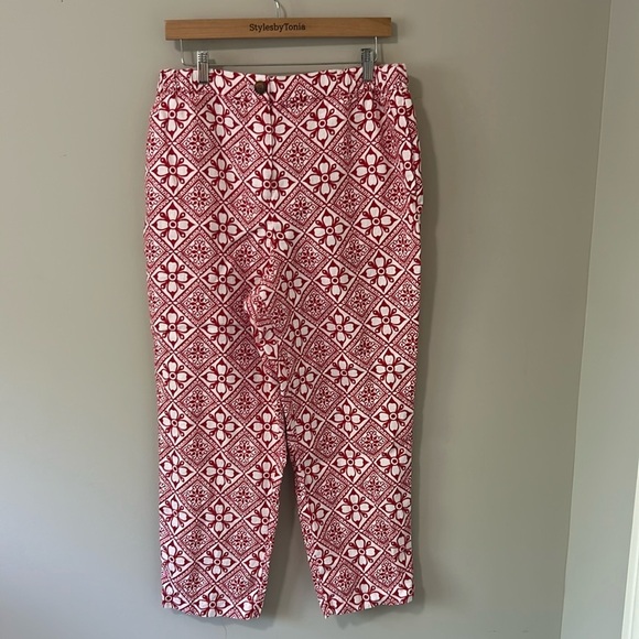 BODEN PULL ON LINEN TROUSER Pant Poinsettia Red Block Pome Mid Rise Sz 10 - Picture 3 of 16